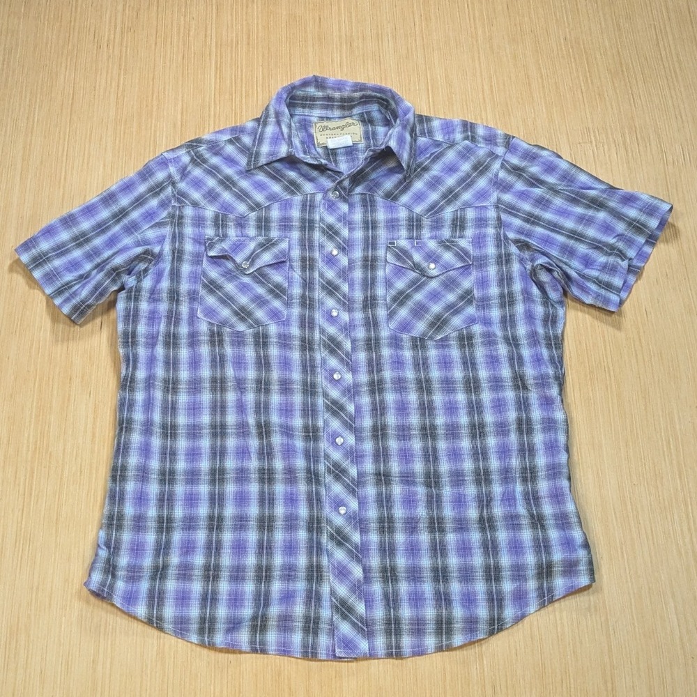 Wrangler Western Fashion Pearl‎ Snap Shirt Mens Large Purple Plaid Short Sleeve